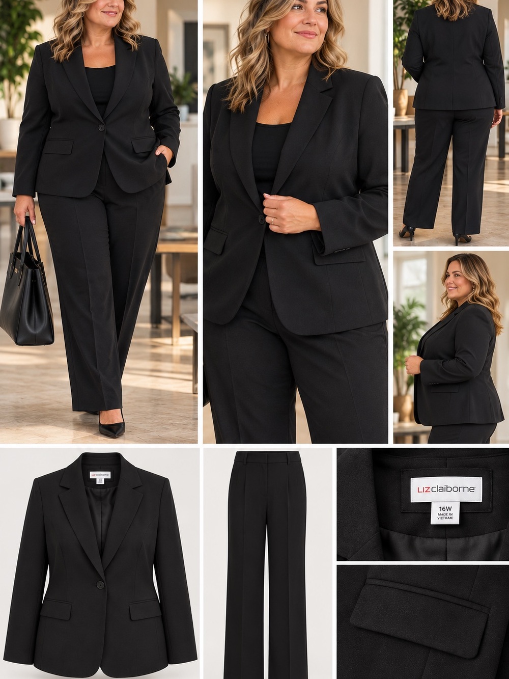 Liz Claiborne Black Women's Pantsuit - Single-Button Blazer & Straight Leg Pant